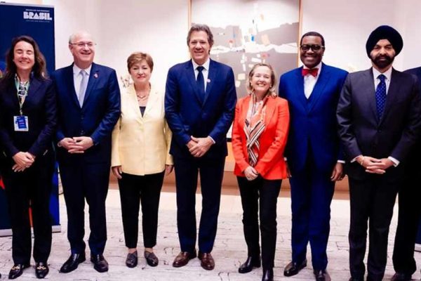 Meeting with counterparts from MDBs and the G20 Global Alliance against Hunger and Poverty during the IMF-World Bank Annual Meetings, AfDB head Akinwumi Adesina (fourth from left) called for bold reforms and innovative solutions to tackle poverty. Washington DC., 24 October 2024